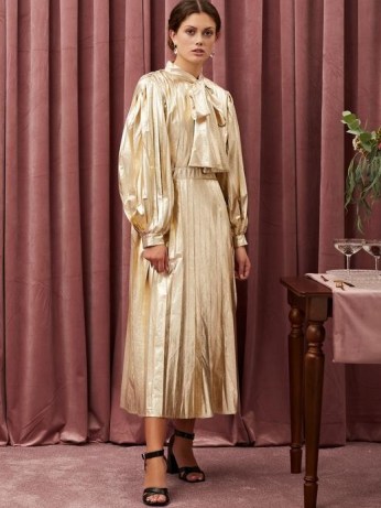 sister jane Canape Pleated Maxi Dress | gold statement occasion dresses | vintage style pussy bow dress | tie detail fashion