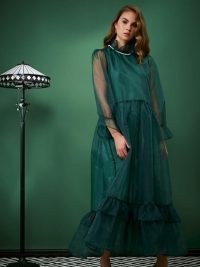 sister jane ALL THAT JAZZ Lindy Hop Oversized Midi Dress ~ green ruffle trim dresses ~ semi sheer occasion fashion