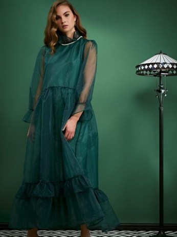 sister jane ALL THAT JAZZ Lindy Hop Oversized Midi Dress ~ green ruffle trim dresses ~ semi sheer occasion fashion - flipped