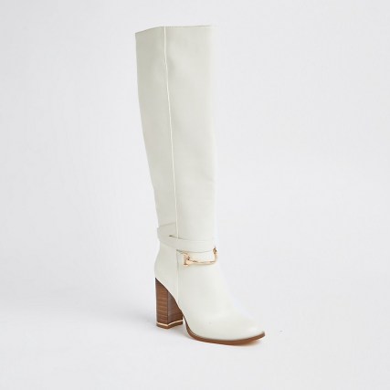 RIVER ISLAND Ecru faux leather wood block heel boots ~ metal detail knee high boot - flipped