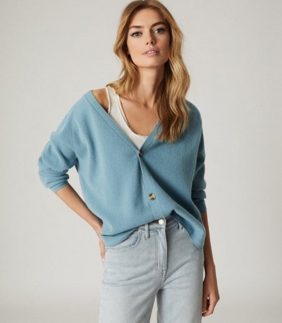 Reiss ELAINA WOOL CASHMERE BLEND CARDIGAN MID BLUE | casual luxe knitwear - flipped
