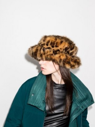 Emma Brewin leopard faux-fur bucket hat – fluffy winter hats – animal print accessories - flipped