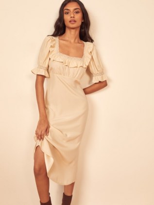 Reformation Fifer Dress in Almond – square frill trim neckline dresses – feminine detail fashion - flipped