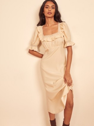 Reformation Fifer Dress in Almond – square frill trim neckline dresses – feminine detail fashion