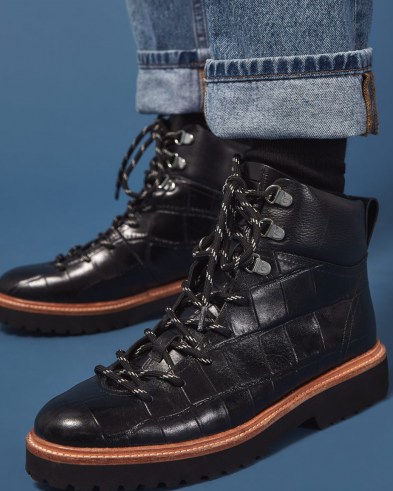 JIGSAW FITZROY TREK BOOT LEATHER ~ black croc embossed lace up boots - flipped