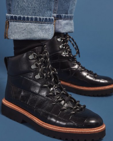 JIGSAW FITZROY TREK BOOT LEATHER ~ black croc embossed lace up boots
