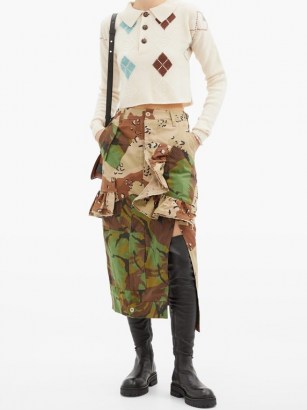 PREEN BY THORNTON BREGAZZI Floral upcycled camouflage cotton-blend midi skirt ~ ruffled camo skirts
