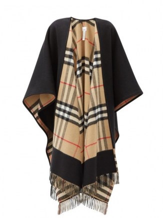 BURBERRY Giant-check cashmere and wool-blend cape ~ checked fringe trim capes - flipped