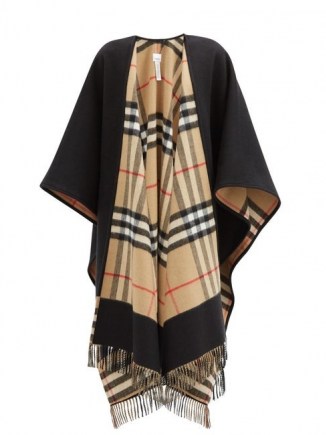BURBERRY Giant-check cashmere and wool-blend cape ~ checked fringe trim ...