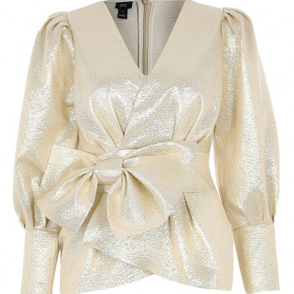 RIVER ISLAND Gold long sleeve bow peplum top ~ party tops ~ evening glamour ~ metallic blouses - flipped
