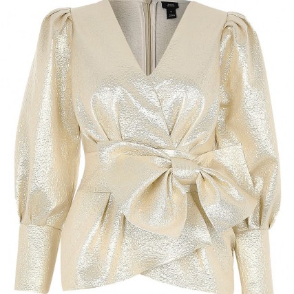 RIVER ISLAND Gold long sleeve bow peplum top ~ party tops ~ evening glamour ~ metallic blouses
