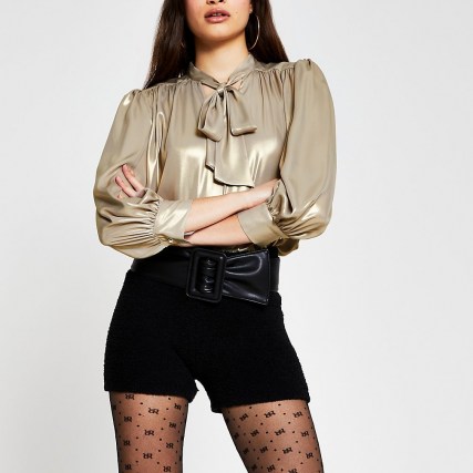 RIVER ISLAND Gold long sleeve metallic bow blouse top / shimmering neck tie blouses