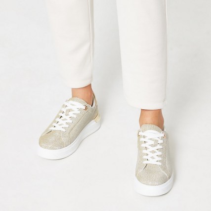 RIVER ISLAND Gold metallic lace up trainers ~ sports luxe sneakers - flipped