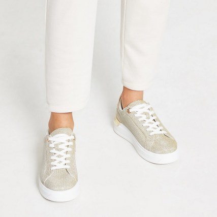 RIVER ISLAND Gold metallic lace up trainers ~ sports luxe sneakers