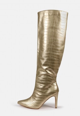 MISSGUIDED gold mid heel knee high boots - flipped