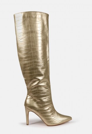 MISSGUIDED gold mid heel knee high boots