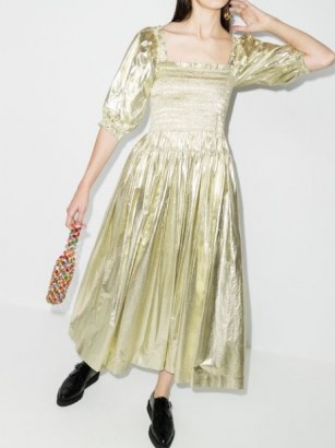 Molly Goddard Camilla shirred dress ~ metallic gold-tone dresses ~ smocked bodice