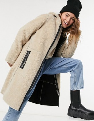 Goosecraft reversable suede and borg coat with hood in black and cream ~ textured winter coats - flipped