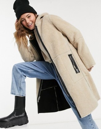 Goosecraft reversable suede and borg coat with hood in black and cream ~ textured winter coats