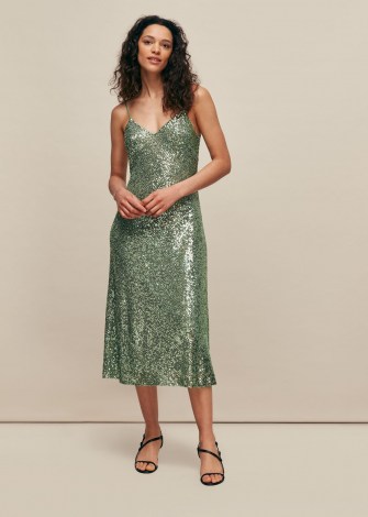WHISTLES DAGMA SEQUIN SLIP DRESS GREEN ~ glittering cami dresses ~ party glamour - flipped