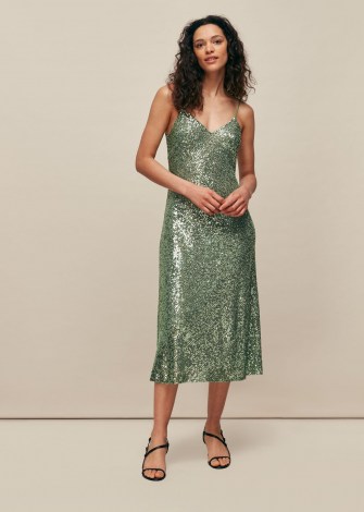 WHISTLES DAGMA SEQUIN SLIP DRESS GREEN ~ glittering cami dresses ~ party glamour