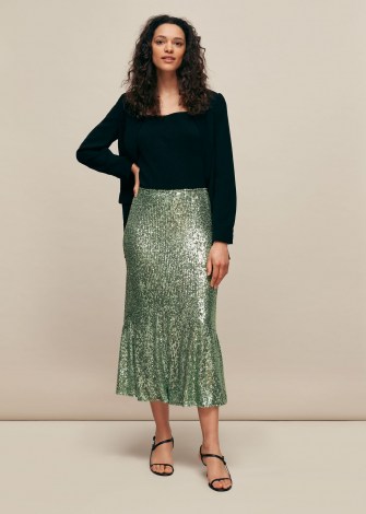 WHISTLES SUKI SEQUIN SKIRT ~ green sequinned midi skirts ~ sparkling party fashion - flipped