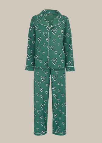 WHISTLES HEART PRINT COTTON PYJAMA SET ~ green printed pyjamas ~ hearts ~ nightwear - flipped
