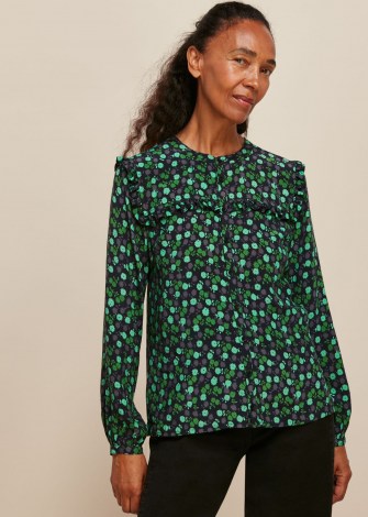 WHISTLES WINTER DITSY PRINTED TOP GREEN MULTI / feminine floral frill trimmed tops - flipped