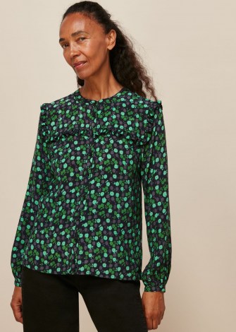 WHISTLES WINTER DITSY PRINTED TOP GREEN MULTI / feminine floral frill trimmed tops