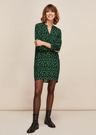 WHISTLES WINTER DITSY SACK DRESS / small floral prints / green loose fit dresses - flipped