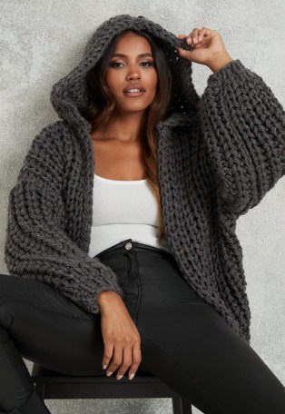 MISSGUIDED grey hand knit hooded cardigan ~ chunky winter knitwear ~ cardigans with hoods - flipped