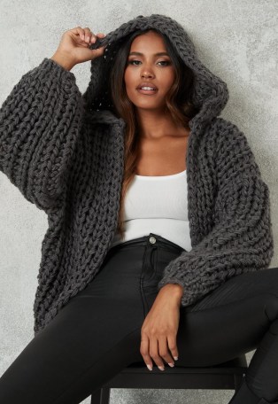 MISSGUIDED grey hand knit hooded cardigan ~ chunky winter knitwear ~ cardigans with hoods
