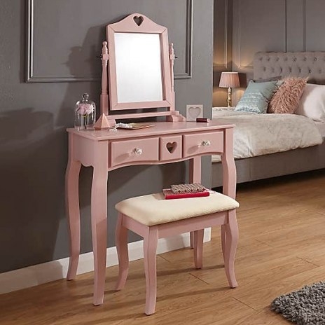 Heart Dressing Table Set – Set includes a stylish dressing table, adjustable mirror and matching padded stool - flipped