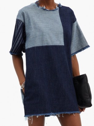 MARQUES’ALMEIDA Hero patchwork upcycled-denim mini dress | frayed edge shift dresses | T-shirt design fashion - flipped