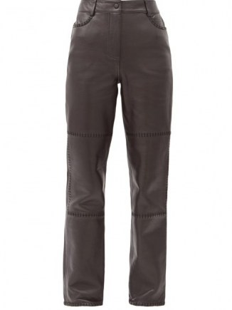 GANNI High-rise whipstitched-leather trousers | brown panelled pants - flipped