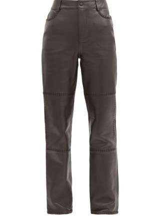 GANNI High-rise whipstitched-leather trousers | brown panelled pants