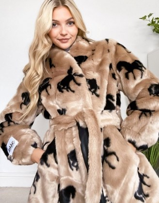 Jakke krystal cropped wrap front faux fur coat in horse print ~ glamorous fluffy winter coats ~ horses