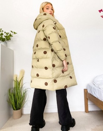 Jakke laura recycled polyester longline jacket with hood in tonal spot ~ big puffy winter coats - flipped