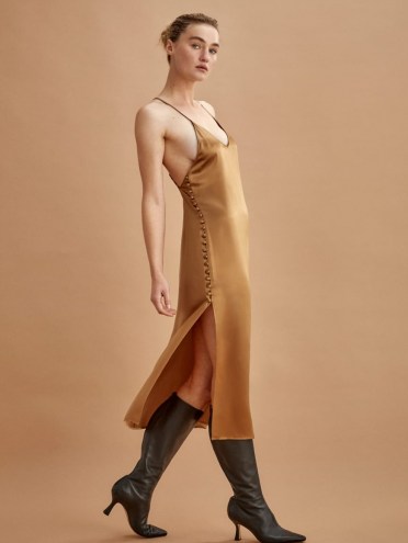 Reformation Jax Dress Butterscotch | side split slip dresses - flipped