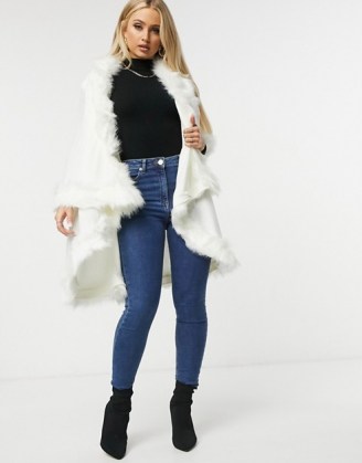 Jayley double layer faux fur trim cape in cream – luxe style winter capes - flipped