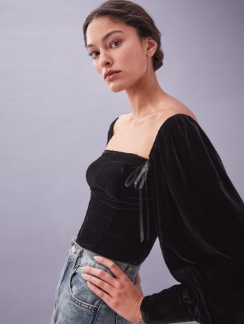 REFORMATION Julietta Top ~ black fitted bodice tops with balloon sleeves ~ romantic style velvet fashion
