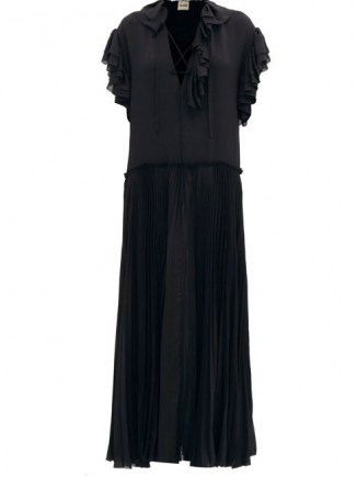 KHAITE Kaelan lace-up ruffle-trimmed silk maxi dress – black fluid frill trim dresses - flipped