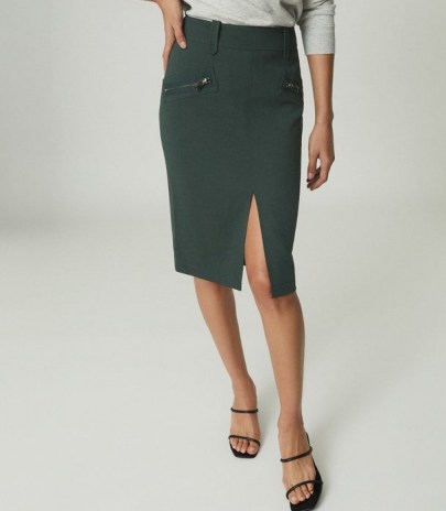 Reiss KASSIDY PENCIL SKIRT WITH ZIP DETAIL GREEN ~ smart front slit skirts - flipped