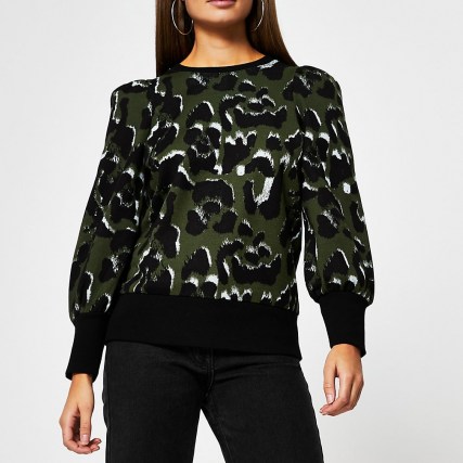RIVER ISLAND Khaki leopard print sweatshirt | green animal print puff sleeve sweatshirts - flipped