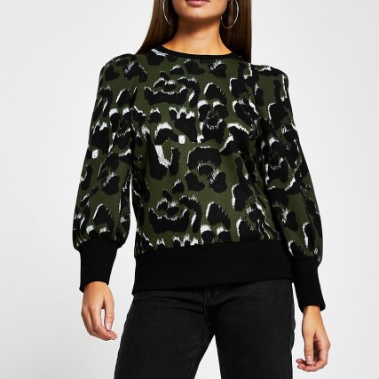 RIVER ISLAND Khaki leopard print sweatshirt | green animal print puff sleeve sweatshirts