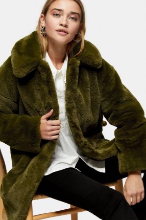Topshop Khaki Velvet Faux Fur Jacket ~ green winter jackets - flipped
