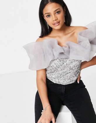 Lace & Beads exclusive off shoulder sequin crop top with volume neckline in winter grey ~ bardot party tops ~ glamorous evening fashion - flipped