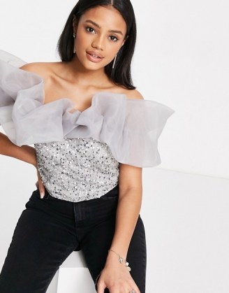 Lace & Beads exclusive off shoulder sequin crop top with volume neckline in winter grey ~ bardot party tops ~ glamorous evening fashion