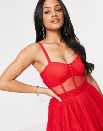 Lace & Beads exclusive prom midi dress with mesh corset waist detail in red ~ strappy fit and flare party dresses - flipped