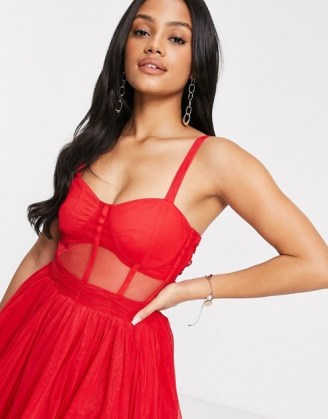 Lace & Beads exclusive prom midi dress with mesh corset waist detail in red ~ strappy fit and flare party dresses